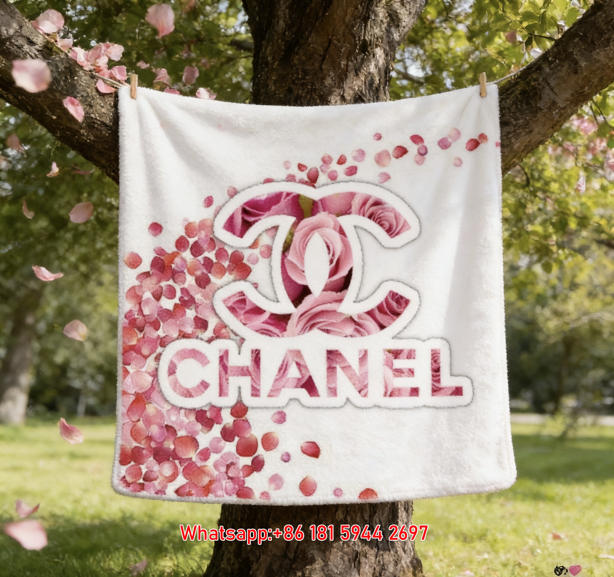 Chanel Pink Rose & Petal Print Flannel Sofa Throw Blanket IMG_7028